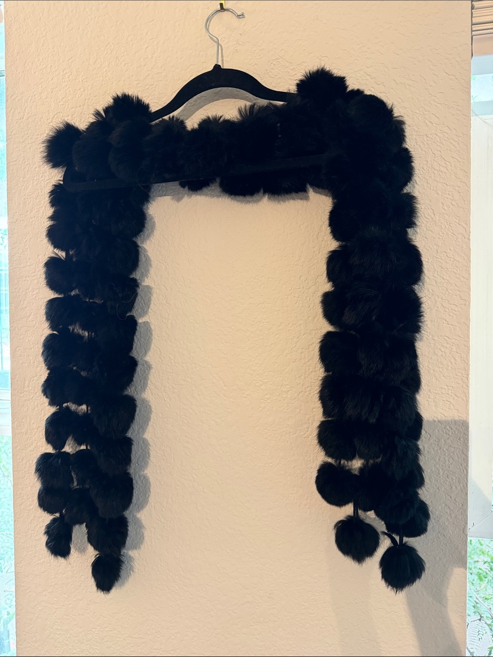 black rabbit fur pom-pom scarf